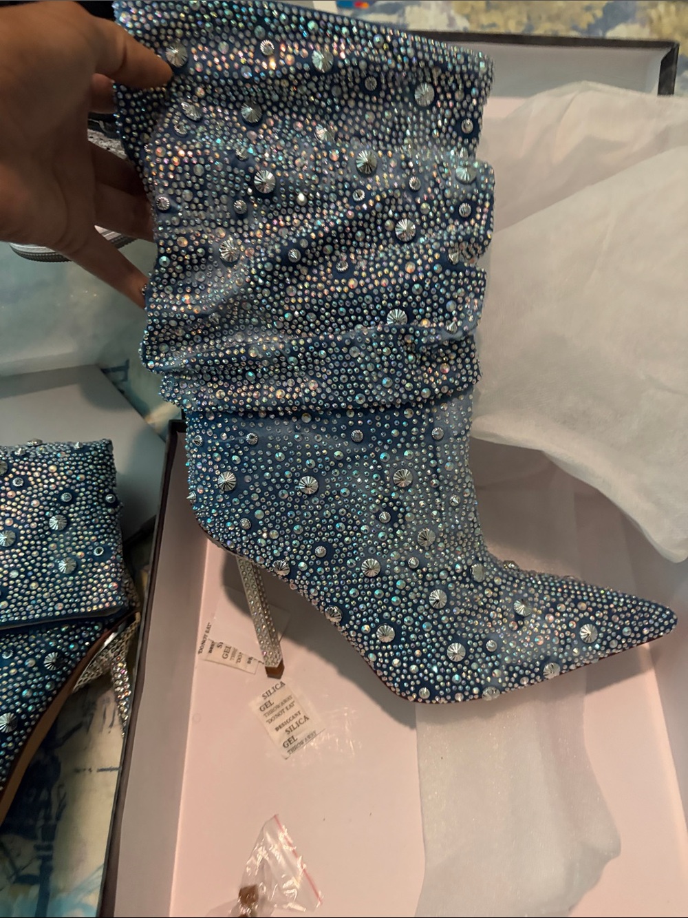 Blue Crystal-Embellished Pointed Toe Slouch Boot